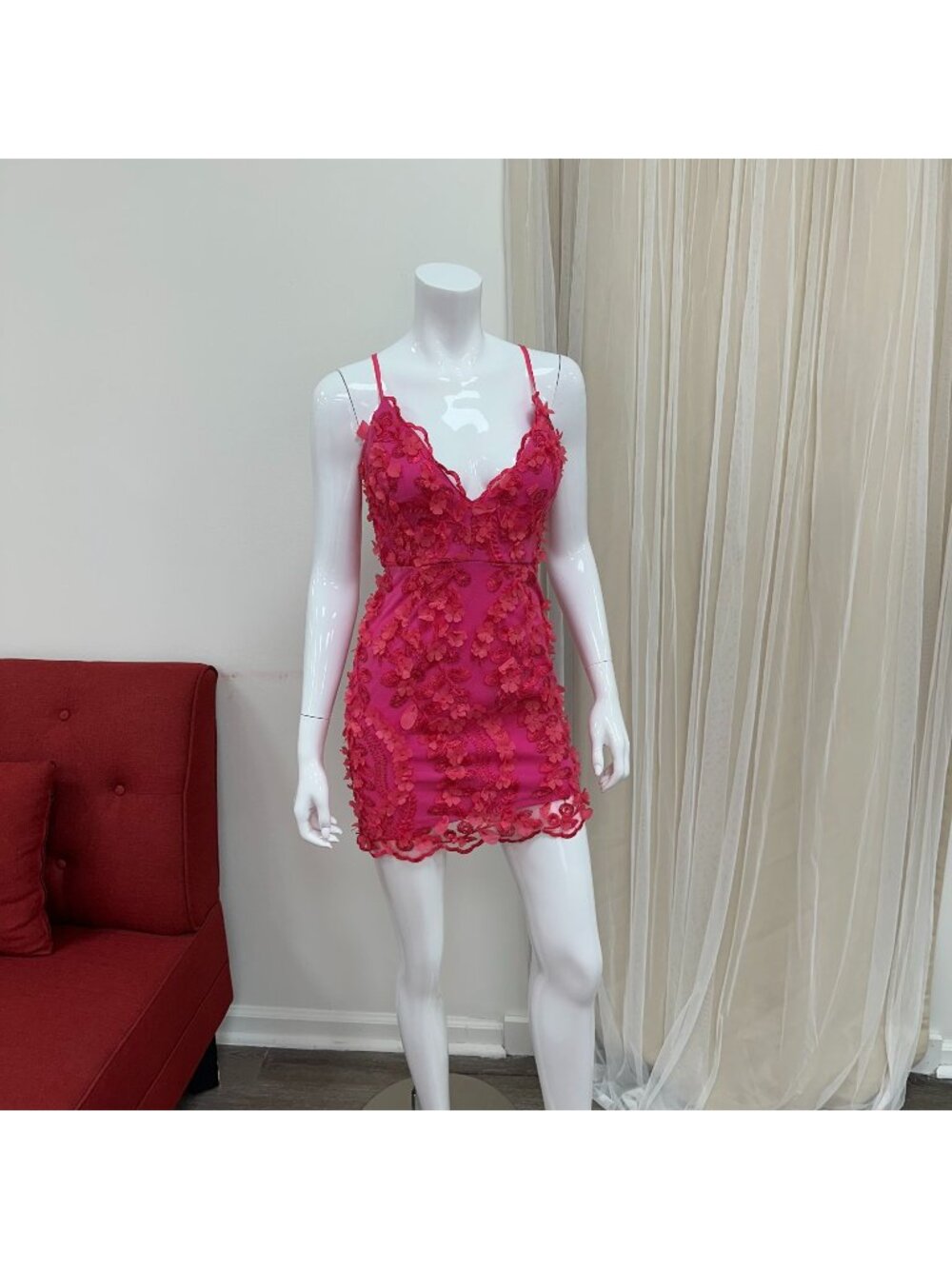 Small Hot Pink Fuchsia 3D Floral Sexy Summer Mini Dress